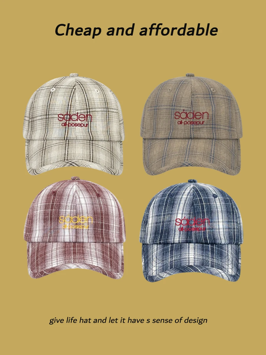 

Retro plaid cap women's new curved brim deep top embroidered letter baseball cap men show small face