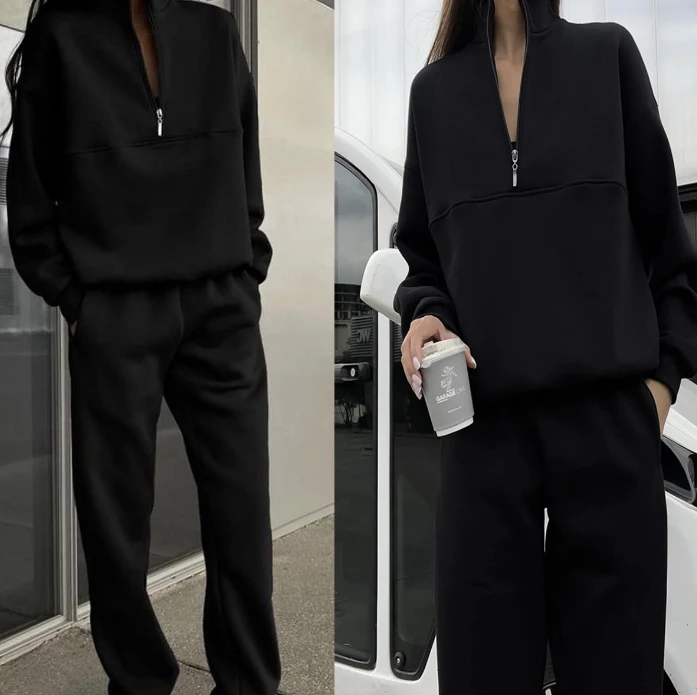 Athleisure Two Piece Set for Woman Versatile Solid Color Casual Stand Up Collar Zipper Sportswear Hoodie High Waisted Pants Set