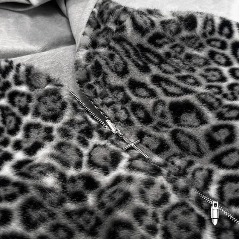 

Autumn Winter Retro Leopard Print Two Sides Wear Loose Zip Up Goth Hoodie Women High Street Punk Oversized Sweatshirts Y2k Tops