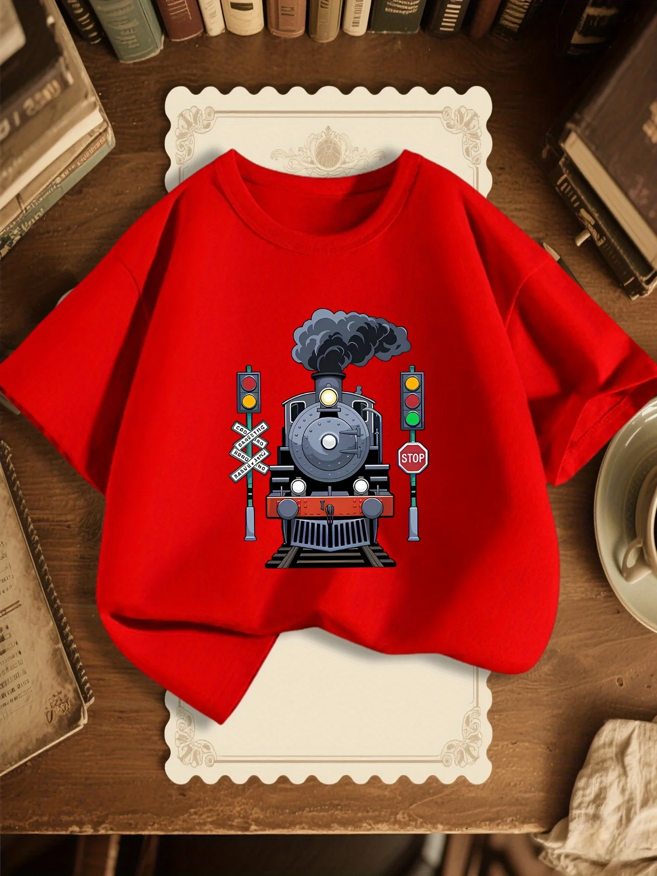Cute Vintage Steam Train Sign Print Graphic Kids Tee Boys Girls Family Matching Cotton Crew Neck Short Sleeve Soft Summer Tee