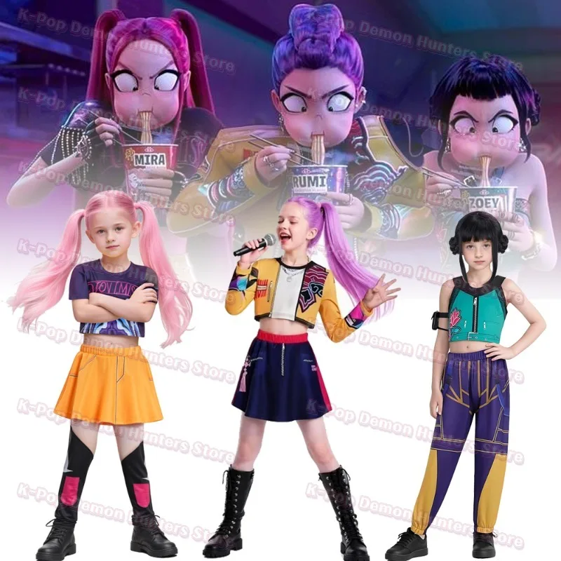 Pakaian Kostum Huntrix Cosplay Rumi Pemburu Iblis Emas Putih Kpop Anak Perempuan Pakaian Permainan Peran Idola Anak Setelan Halloween