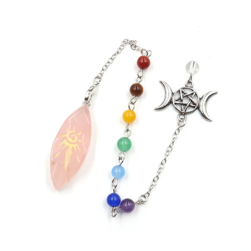 

FYJS Unique Silver Plated Geometric Shape Rose Pink Quartz Pendulum Pendant with Stone Beads Chain Vintage Style Jewelry