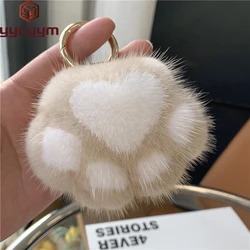 Pendant Keyrings Gift Plush Cute Cat Claw Real Mink Fur Keychain Women Bag Ornaments Small Paw Toy Soft Pom Pom Ball Car Key