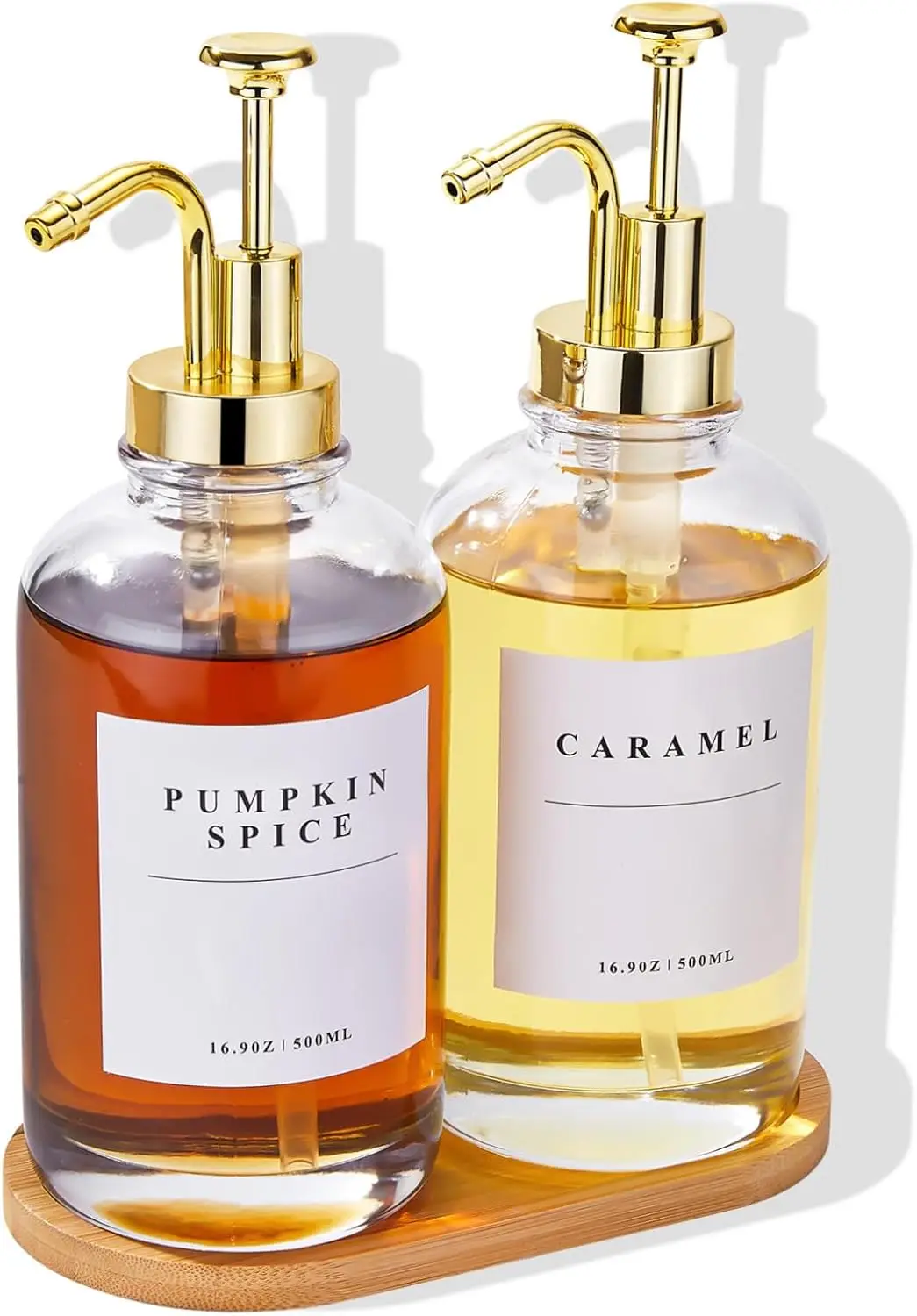 

2 Pack Glass Syrup Dispenser with Gold Pump for Coffee Bar, 16.9 oz 500 ml Bottles with Labels and Bamboo Tray