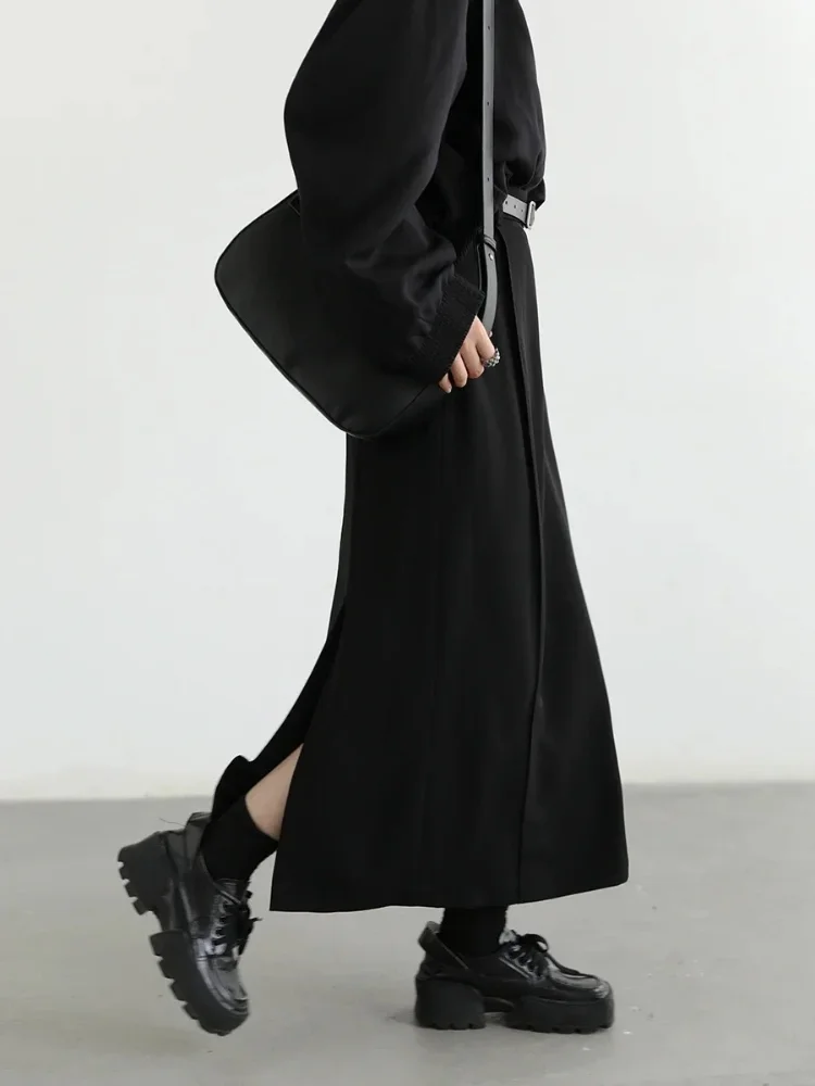 2026 Women's Skirts Loose High Waist Pleated Straight Slit Black Office Lady Autumn Winter Skirt Woman