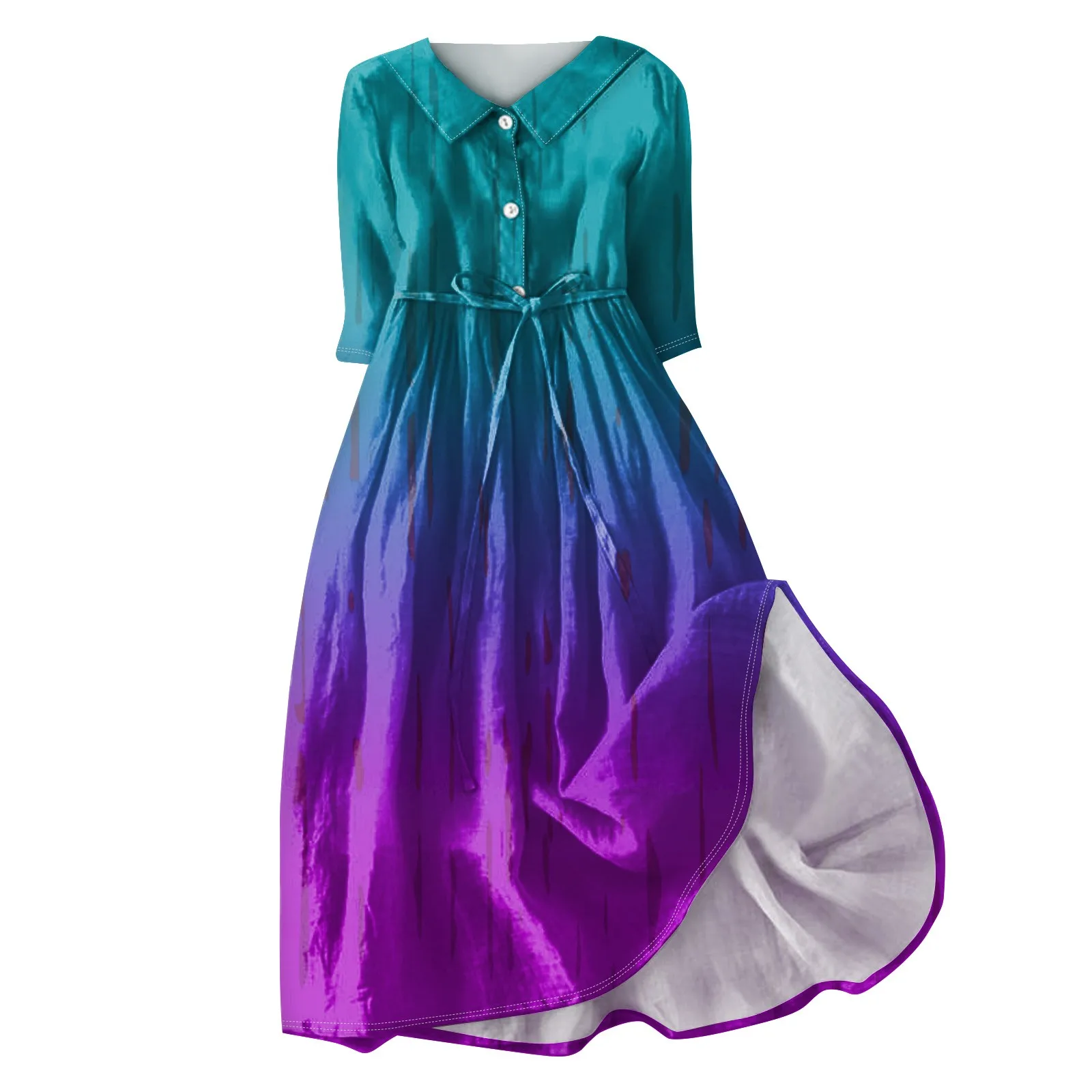 فستان نسائي كلاسيكي مطبوع بأزرار لأعلى ، كم ، ياقة قلاب ، خصر مرتفع ، رباط ، فستان مزين بأربطة ، موضة كلاسيكية