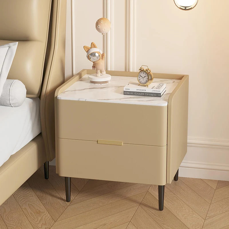 Cream wind bedside table solid wood simple modern leather bedside cabinet small storage minimalist rock mini storage cabinet