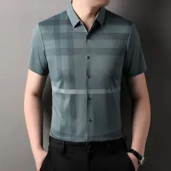 Men's Clothing Turn-down Collar Summer Striped Button Cardigan Short Sleeve Contrast Color T-shirt Casual Formal Retro Tops