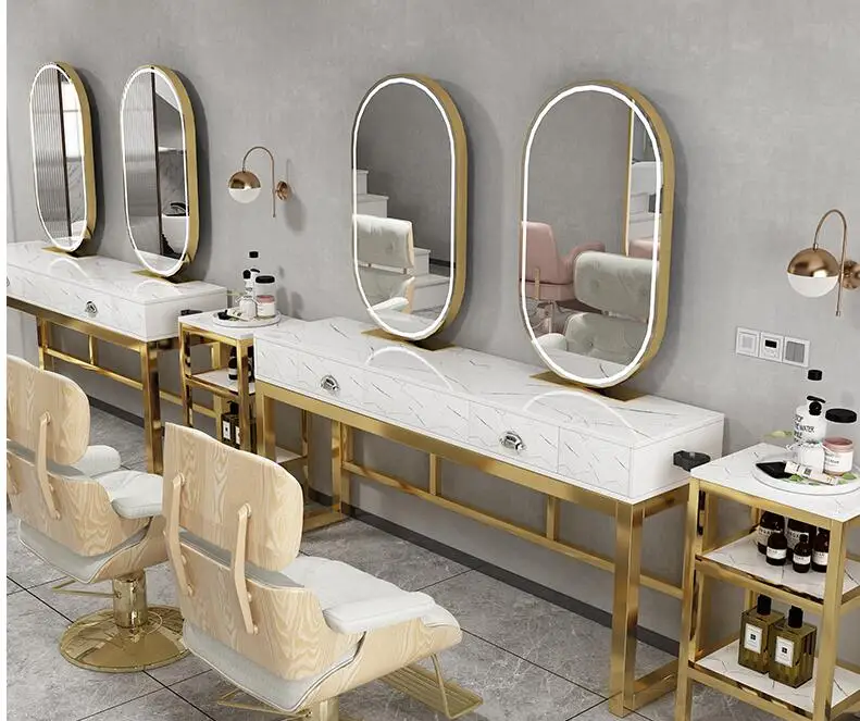 Hairdresser's mirror, single side with light, hairdresser's mirror table, marble cabinet, one side, double side hot dyeing table