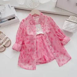 Fashion Girls Pink Leopard Print Clothes Set Summer Kids Sunscreen Long Shirt + Shorts 2PCS Suit 2-7Years Children Outfits