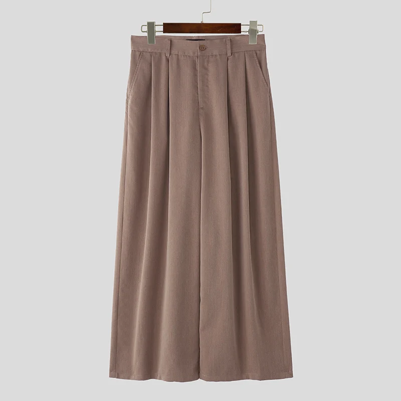 INCERUN Men Pants Solid Color Button Joggers Pleated Casual Wide Leg Trousers Men Streetwear Loose 2025 Fashion Male Long Pants