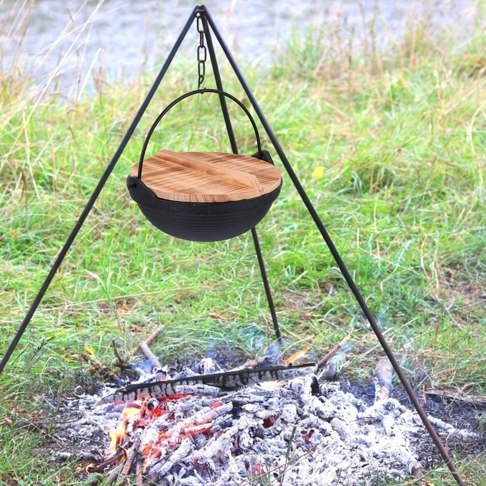 

1 комплект, уличная чугунная кастрюля, подвесная посуда для кемпинга, кастрюля с крышкой, антипригарная портативная кастрюля для пешего туризма, пикника