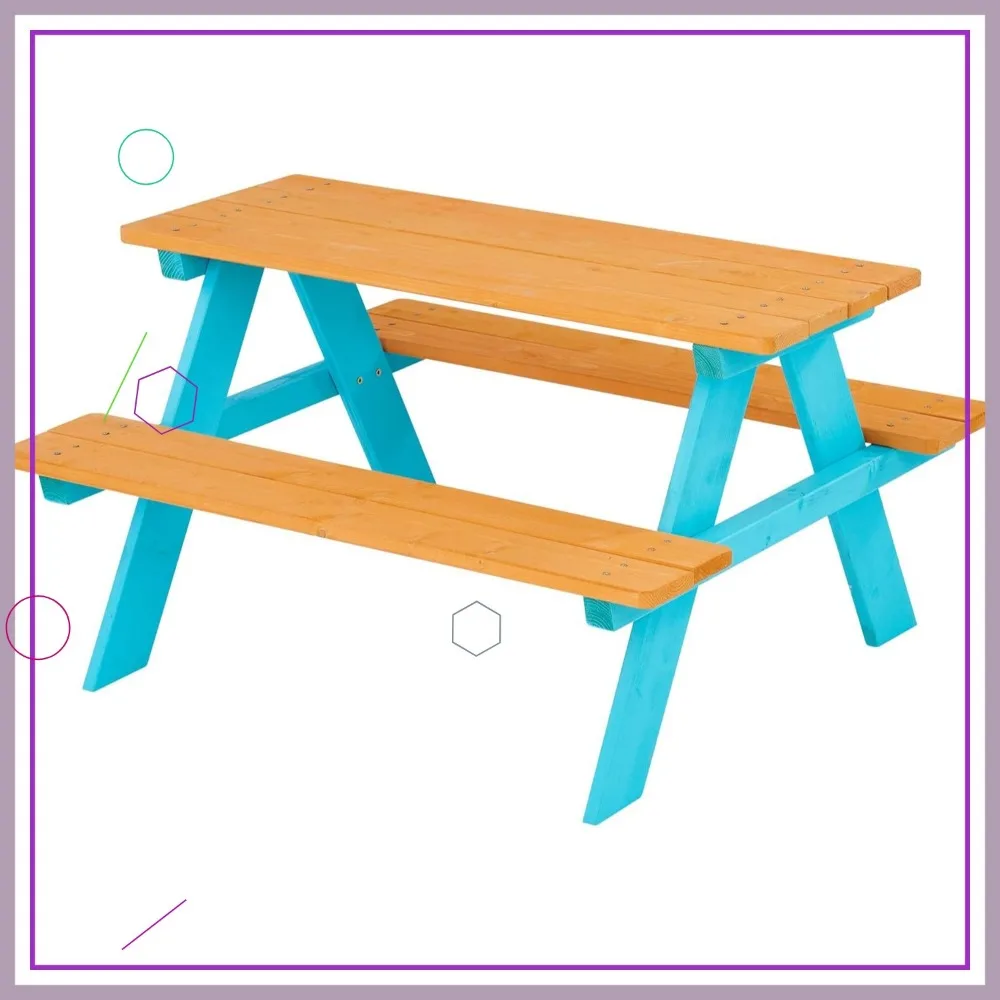 Kids Wooden Outdoor Picnic Table & Chair Bench Set with Built-in Seating, Durable & Easy Assembly