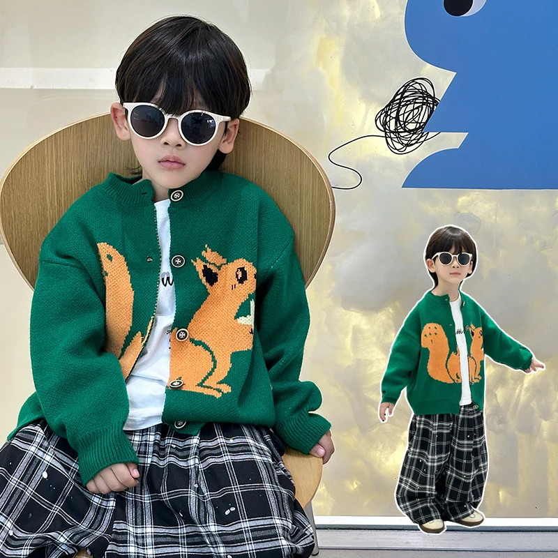 

Kids Cardigan Age 2-11Y Baby Boy Casual Fashion Spring&Autumn Squirrel Knitwear Tween Vintage Outfit Child Cartoon Style Knitted