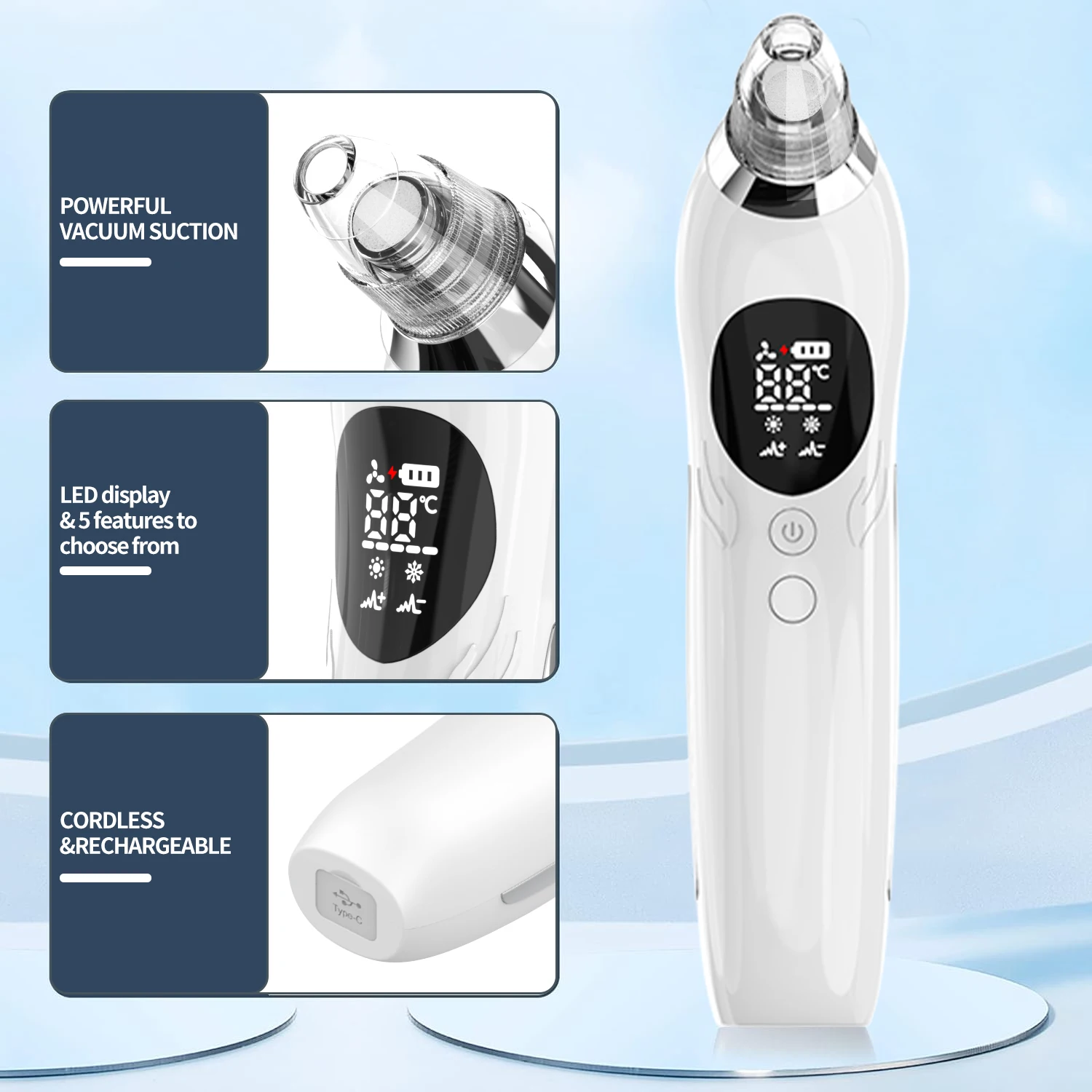 Blackhead Remover Vacuum Cold and hot compress vibration , 5 Replaceable Probes, 5 Modes, 5 Suction Levels,Multifunction