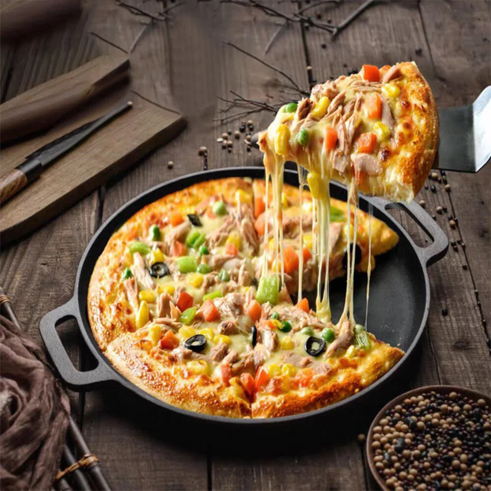 30cm Cast Iron BBQ Camping Fry Pan with Dual Handles Pancake Pizza Pan Steak Pork Chicken Cooking Pot Kitchen Outdoor BBQ Grill