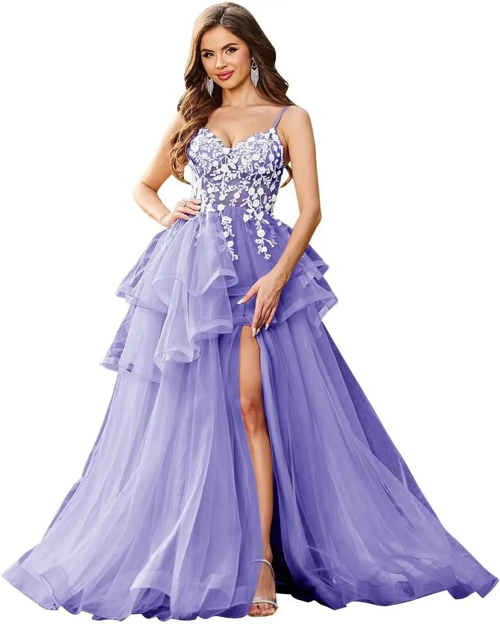 

Tulle Lace Appliques Prom Dresses with Slit V Neck Puffy Tiered Formal Evening Party Gowns Long Ball Gowns