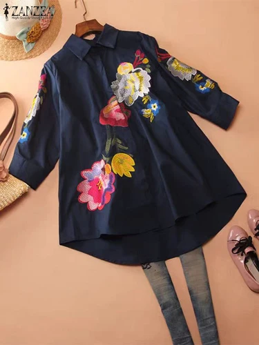 ZANZEA, Blusas con estampado Floral para mujer, camisas Vintage de manga larga, Tops informales holgados con cuello de solapa, Blusas para ir al trabajo de otoño 2025