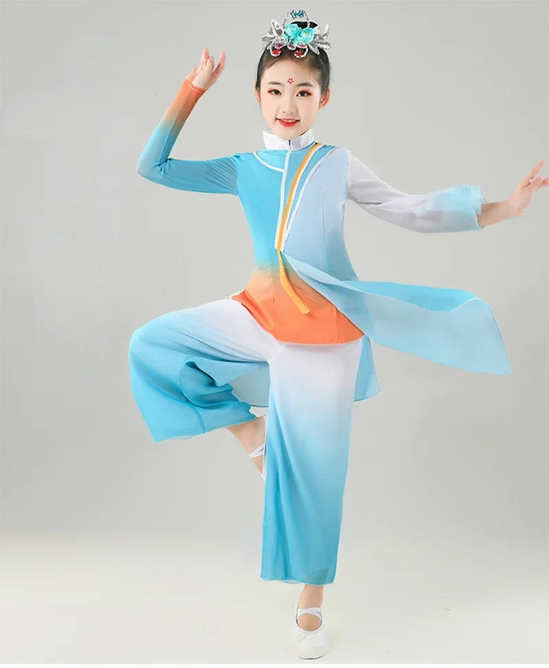 Elegant Yangko National Costumes Child Chinese Style Hanfu Classical Dance Costumes Fan Dance Yangko Dance Performance Clothing