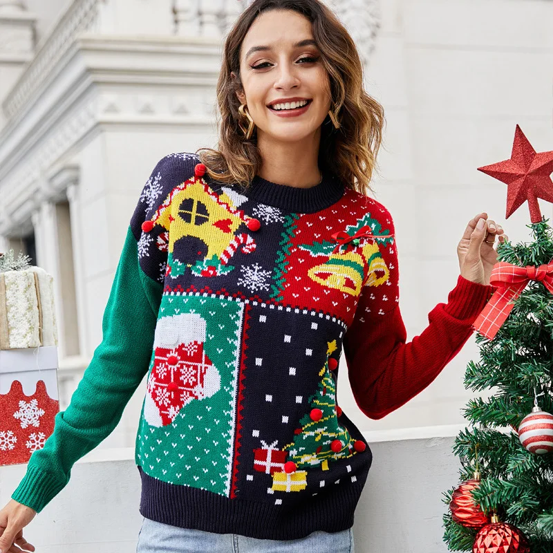 Suéter de Navidad con copos de nieve pequeños para mujer europea y americana, jersey de árbol de Navidad, suéter de punto, traje de Navidad