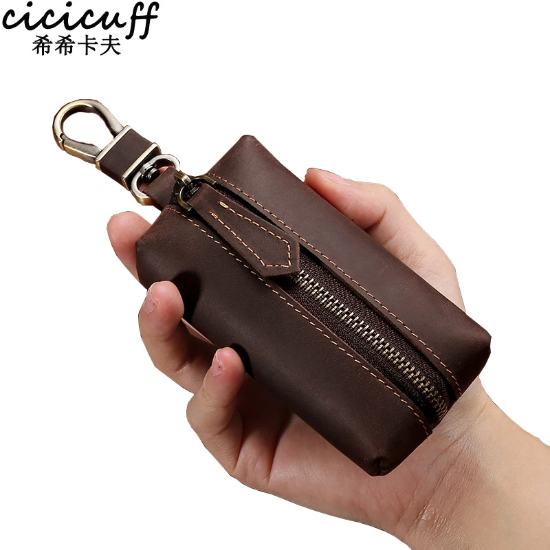 100% Real Leather Key Case for Household Keys Housekeeper Organizer Retro Solid Crazy Horse Leather Key Holder Bag High Capacity