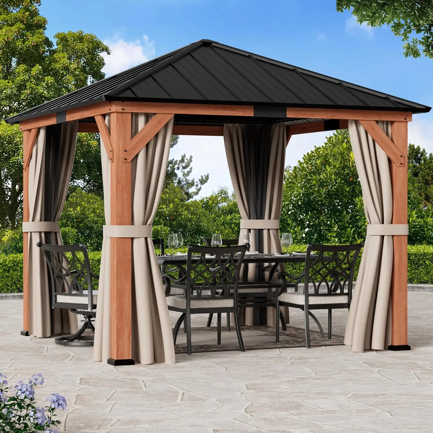 

10x10 Wood Gazebo Permanent Galvanized Steel Roof Mosquito Netting Curtains Backyard Patio Outdoor Custom