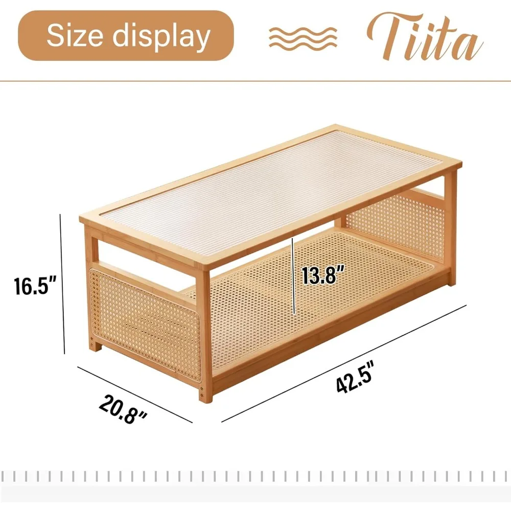 Mid-Century Modern 2-Tier Storage Coffee Table with Rattan and Glass Top for Living Room