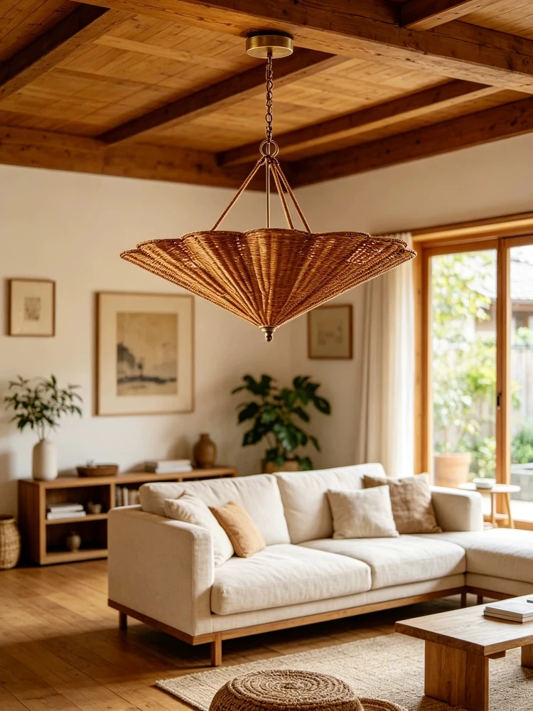 French retro wabi sabi style American living room, bedroom, dining room, pendant light, rattan handmade lamp