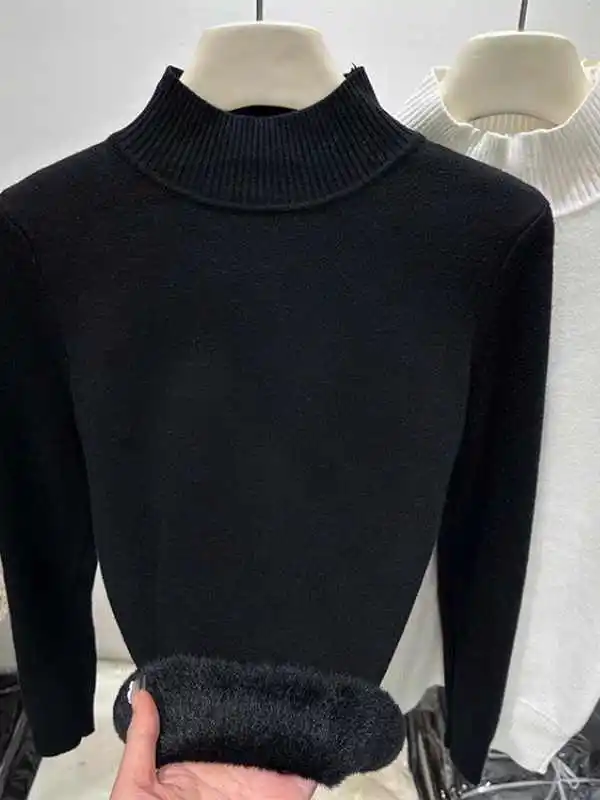 محبوك سترة المرأة البلوفرات الجديدة طويلة الأكمام وهمية الرقبة الصوف مبطن سميكة متماسكة سترة البلوز النساء بلايز البلوزات Q1133