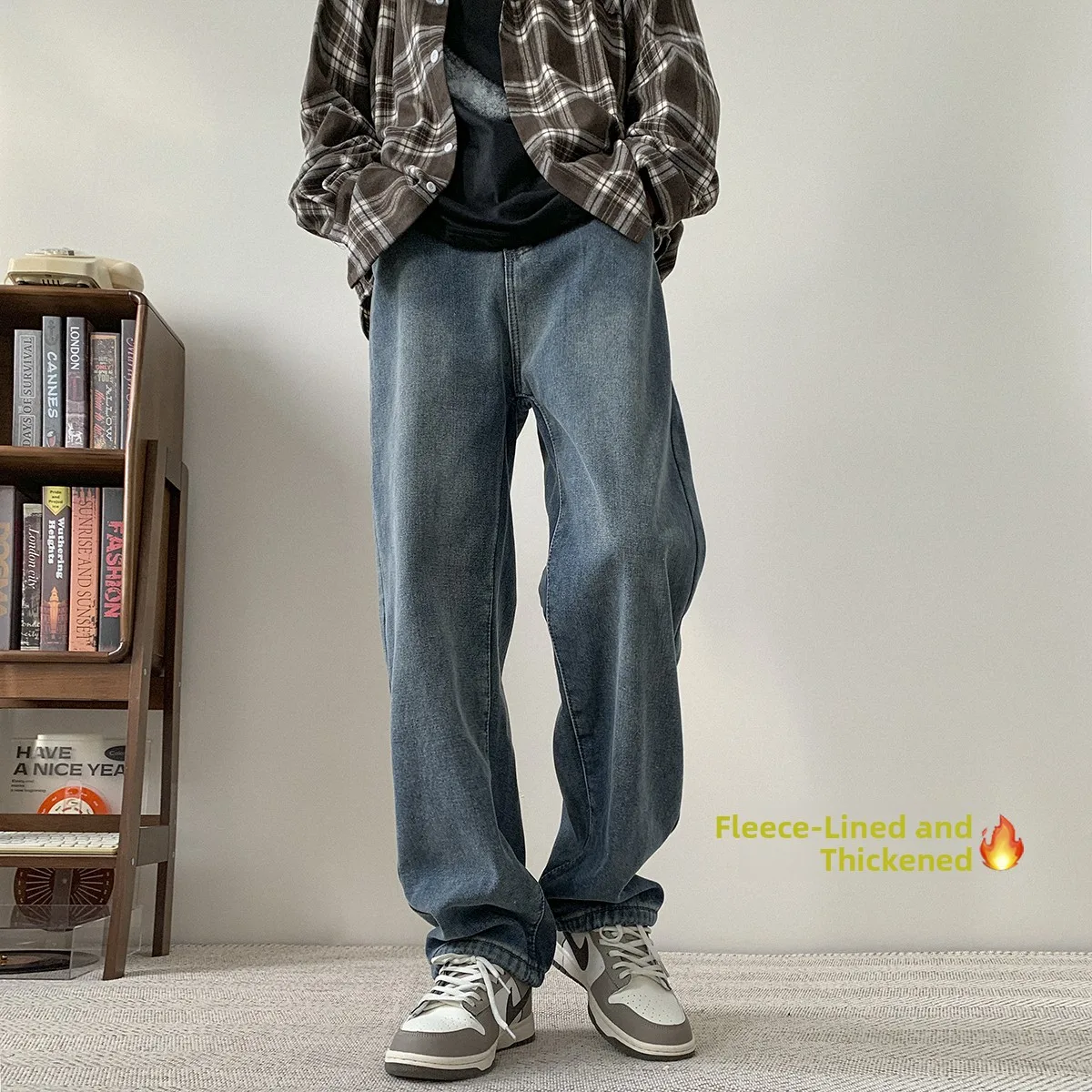 

Fce Lined Men's Jeans Loose Straight Leg Thiened Elastic Autumn Winter Long Trousers American Retro High Street Sle