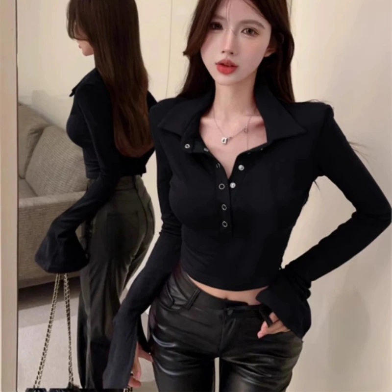 T-Shirts Women Turn-down Collar Ins Slim Fit Korean Fashion Cropped All-match Flare Sleeve Classic Popular Autumn Tops Ulzzang