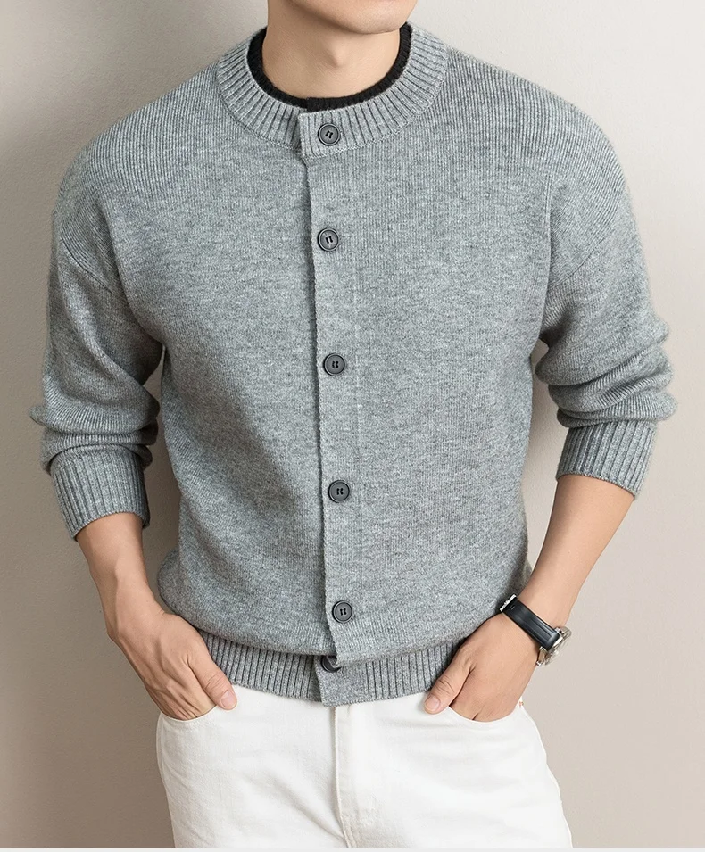 Hochwertige Strickjacke Männer Persönlichkeit Doppelschicht Rundhalskragen Neue Mode Weich Komfort Warm Herbst Winter Pullover Mantel – Detail 5
