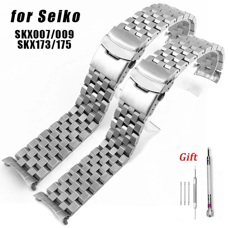 

Ремешок из нержавеющей стали с изогнутым концом, 20 мм, 22 мм, ремешок для часов Seiko SKX007/009 SKX173/175, браслет, складная пряжка, универсальный браслет