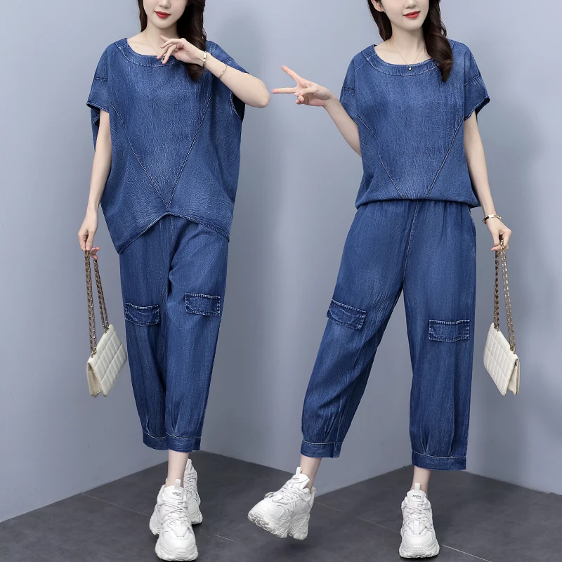 Summer Casual Thin Denim Two-piece Set For Women T-shirt Tops And Harem Pants Female Large Size Blue Loose Soft Matching Suits