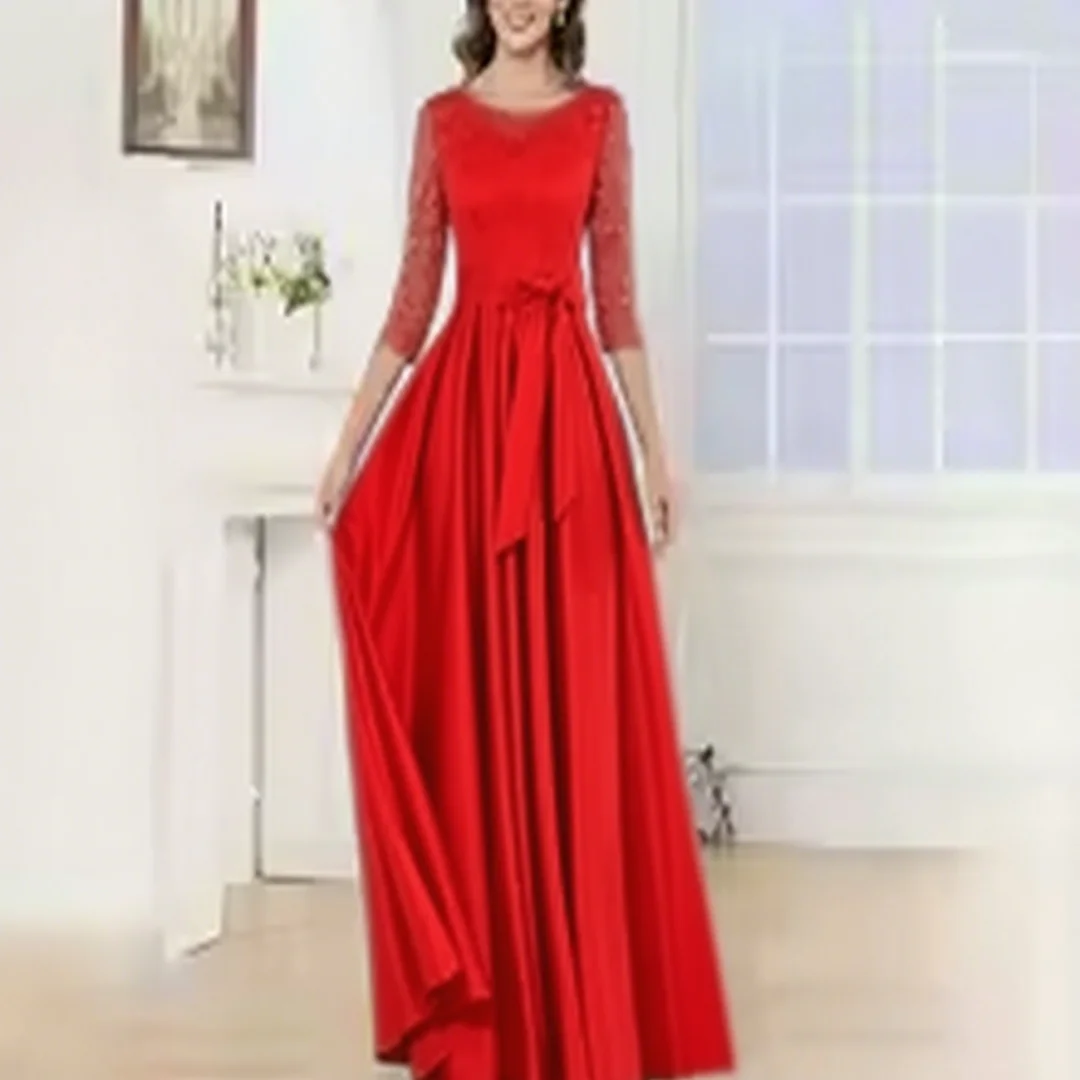 

Customized satin lace applique 3/4 sleeve floor-length wedding dress for the mother of the bride as a formal evening gown