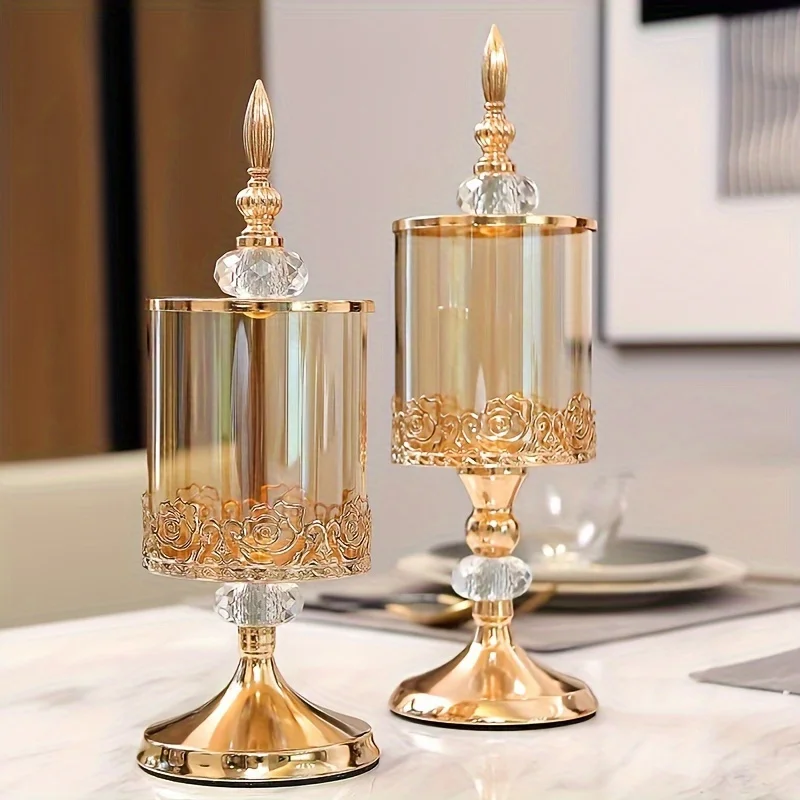 1pc Elegant Vintage European Candy Jar with Lid Transparent Metal Storage Container Living Room Storage Decoration Ornaments