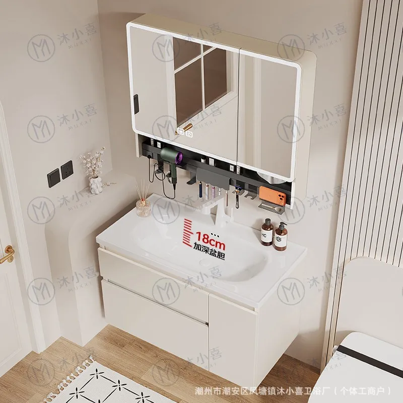 Honeycomb Aluminum Bathroom Cabinet Right-side Pull-out Basket Ceramic Integrated Egg Basin Combination Multifunctional Large-ca