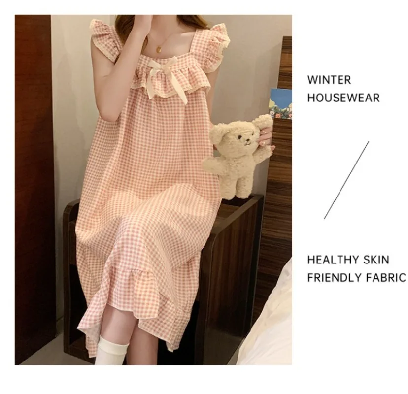 Women Korean Sweet Plaid Bow Design Nightgown with Straps Sleep Dress Cute Summer New Loungewear Y2K Nightgown with Built-in Bra