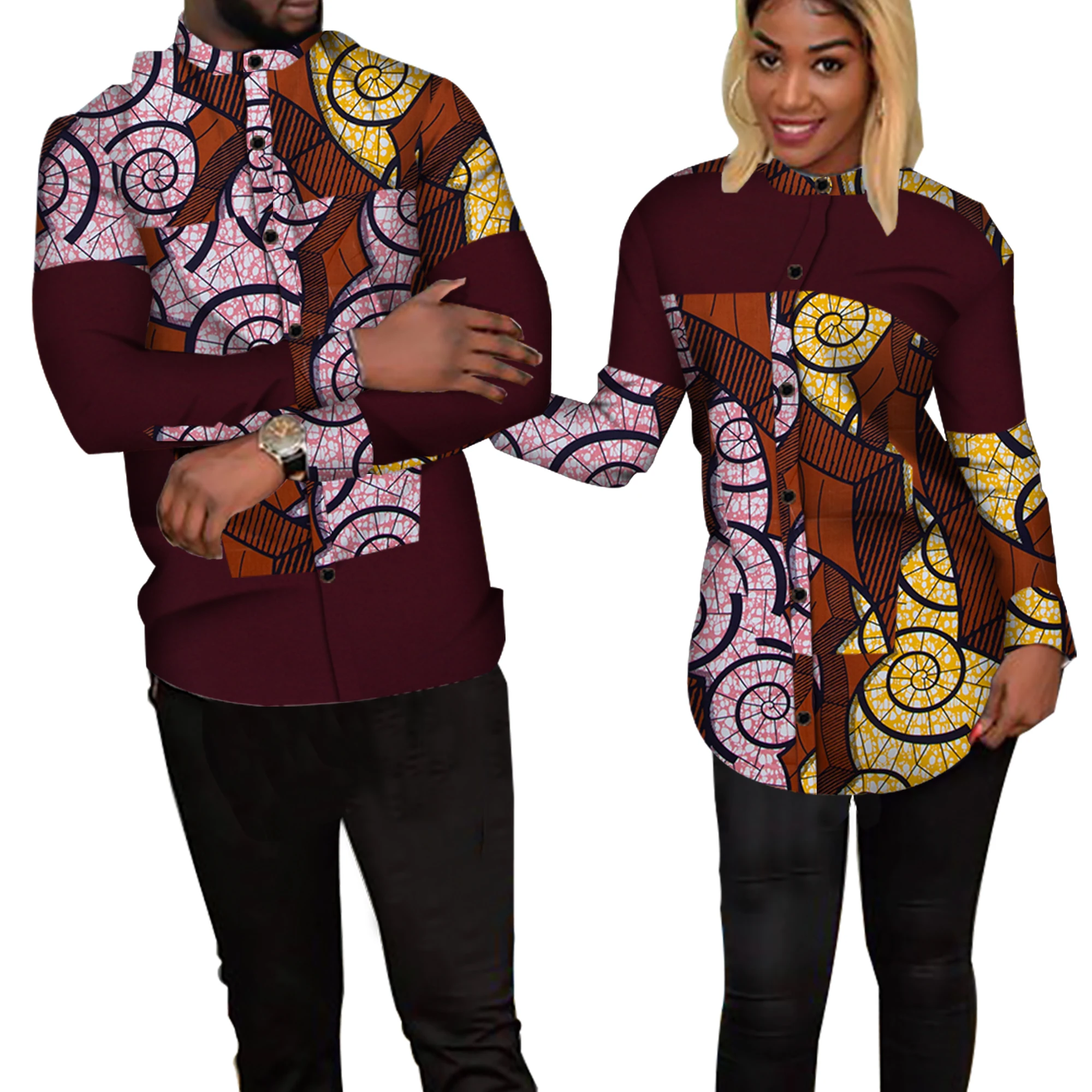 Vêtements traditionnels africains pour couples, chemise à imprimé patchwork, bazin riche, vêtements pour amoureux, femmes et hommes, WYQ235