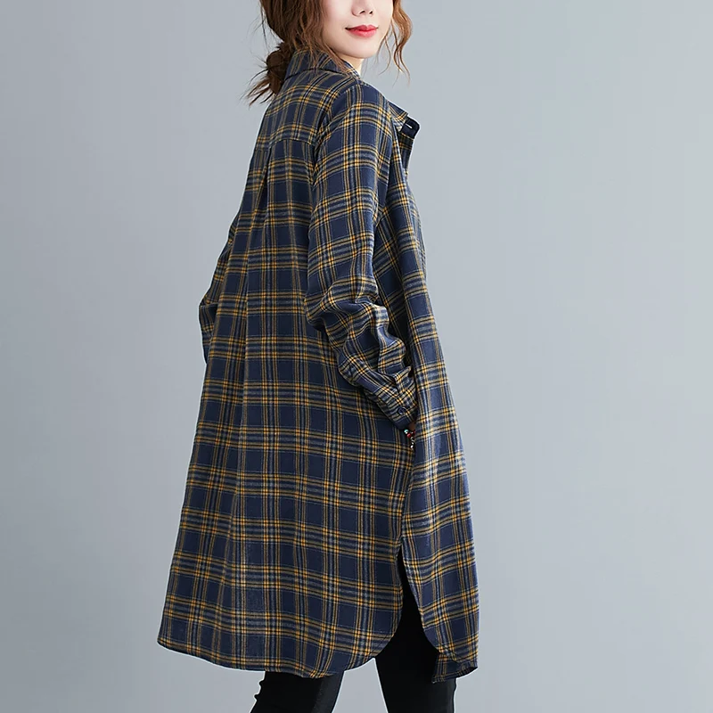 

plus Size Autumn Plaid irt Women's Loose Slimming Casual Long Sve Midi Length Faionable Cotton Collar irt