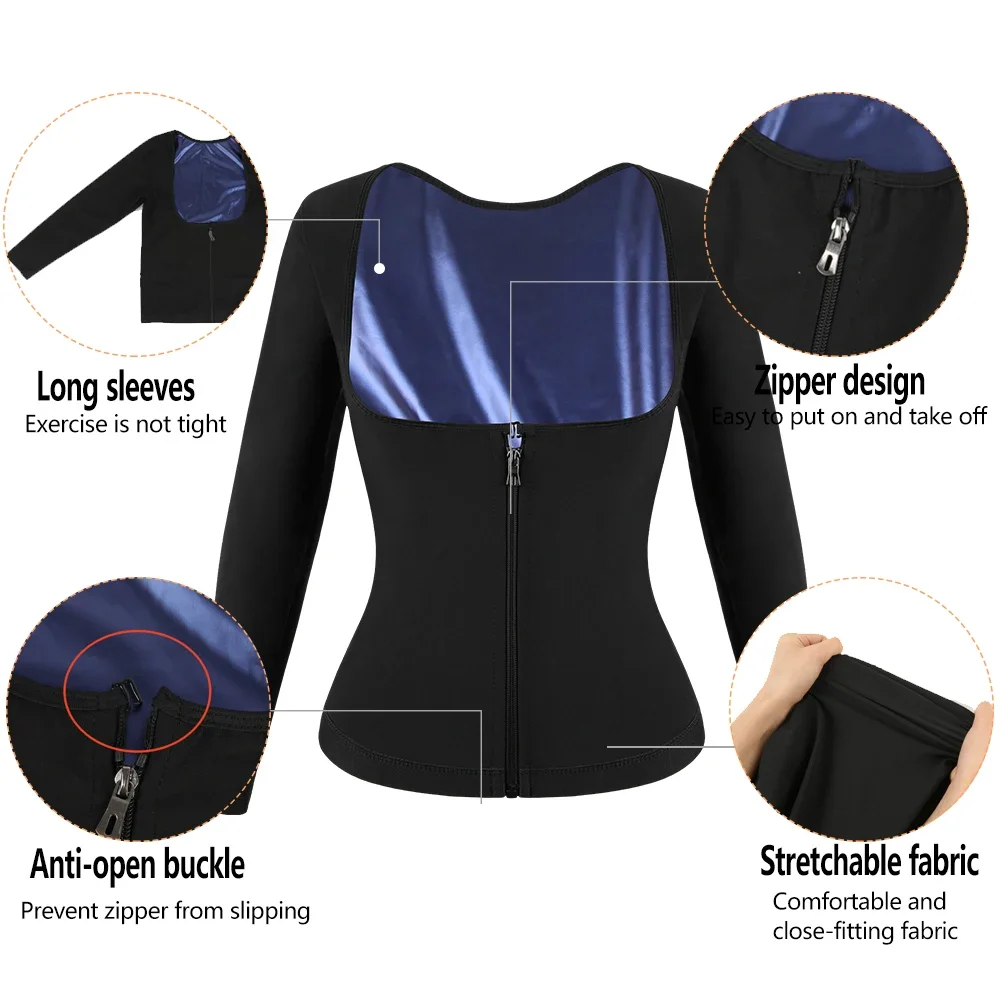 Sauna Suit Shirt with Zipper Women Long Sleeve Sweat Waist Trainer Vest Weight Loss Workout Compression Tank Top Body Shaper New