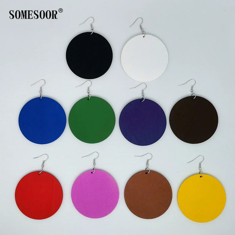 SOMESOOR DIY Painting Blank Round Wooden Drop Earrings 10 Colors Handmade Wood Photos Pendant Dangle Jewelry For Women Gifts