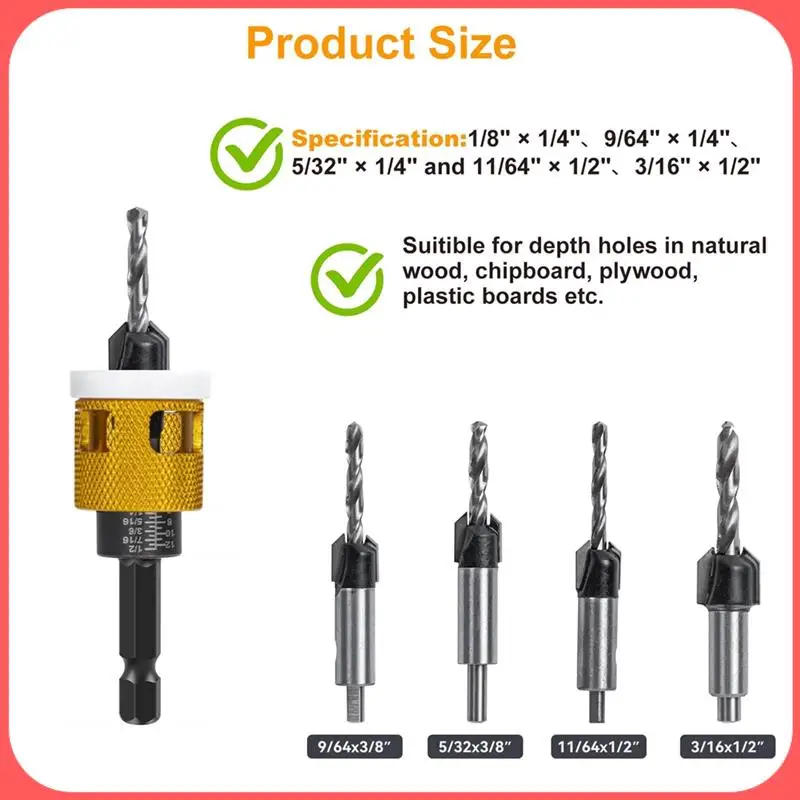 

A76I-5Pcs Countersink Drill Bits Set With Low Friction Depth Stop, With 10Pcs Replacement HSS Drill Bit,Adjustable Depth Stop