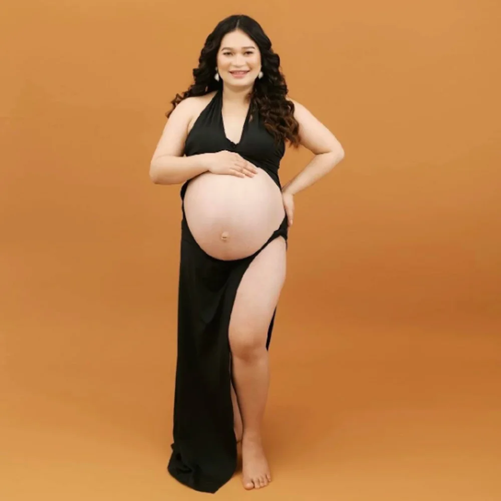 Umstandsfotografie-Kleid für schwangere Frauen, freiliegendes Bauchkleid, schmale Passform, sexy Kreuzkragen, rückenfreies Kleid, Fotoshooting, schwanger