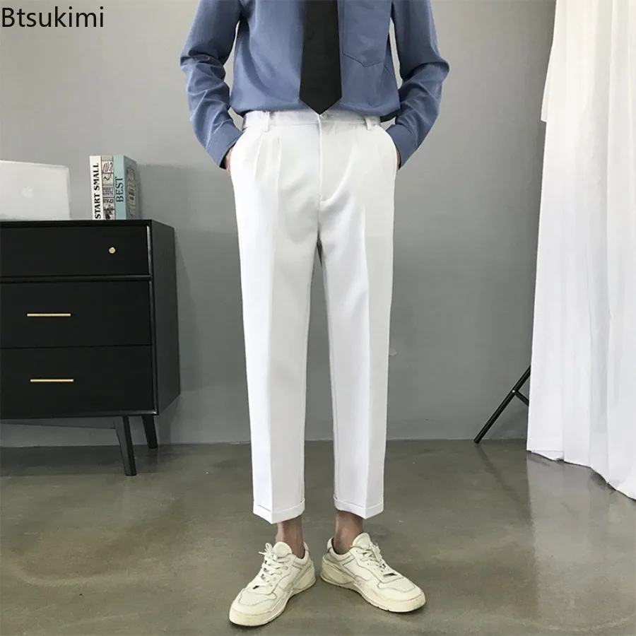 

Men's Summer White Mid Waist Straight Leg Casual Pants Iron-Free Business Korean Style Fit Long Loose Cropped Trousers for Men