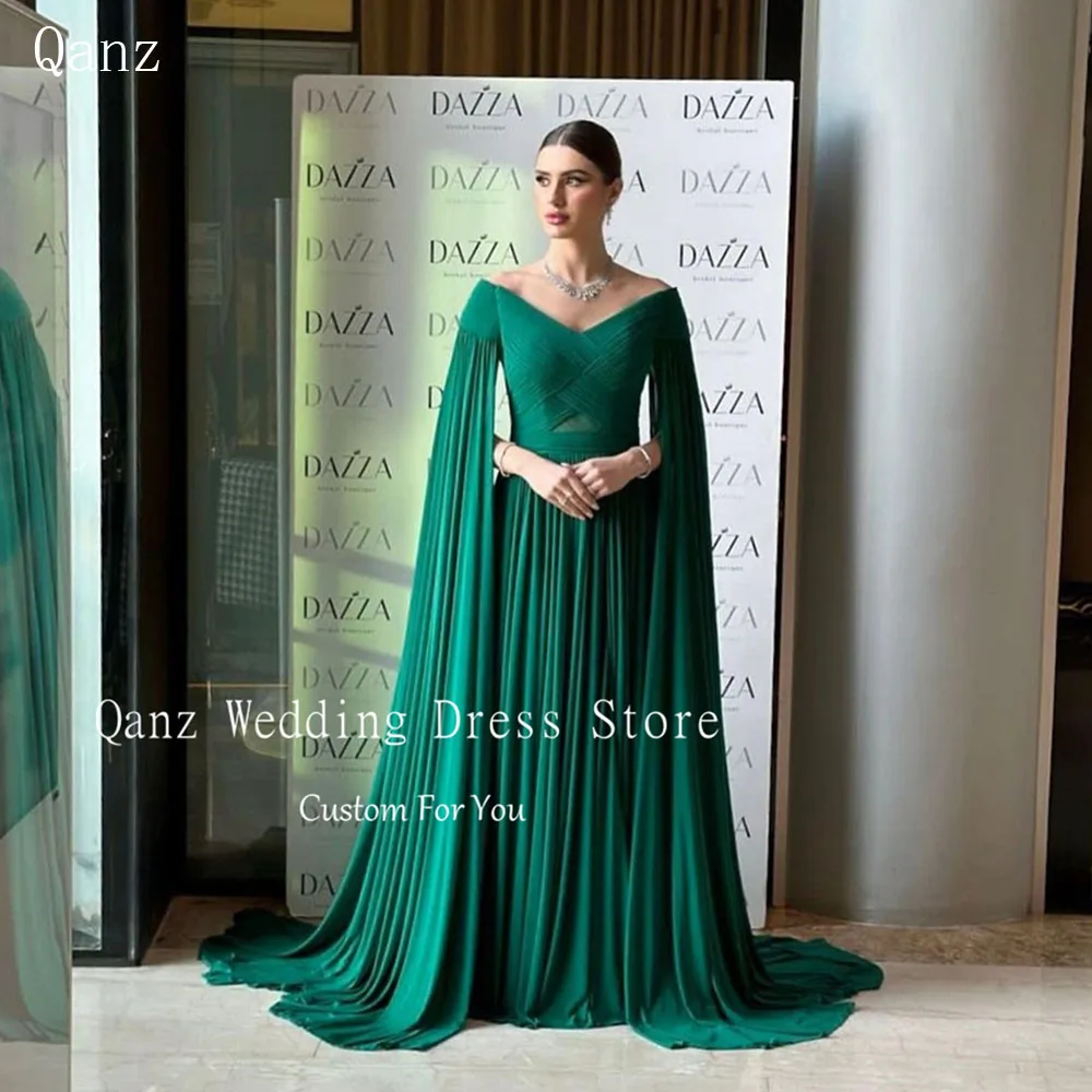 Qanz Green Long Cap Sleeves Evening Dresses Long A Line Formal Dress Women Elegant Chiffon V neck Open Back Vestidos De Fiesta