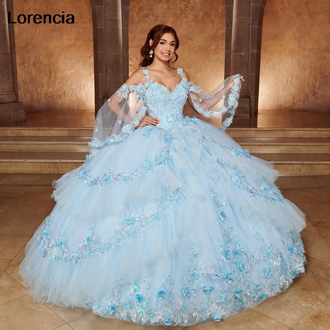 

Lorencia Glitter Blue Quinceanera Dress Ball Gown Lace Applique Beaded With Cape Corset Sweet 16 Vestidos De 15 Años YQD833