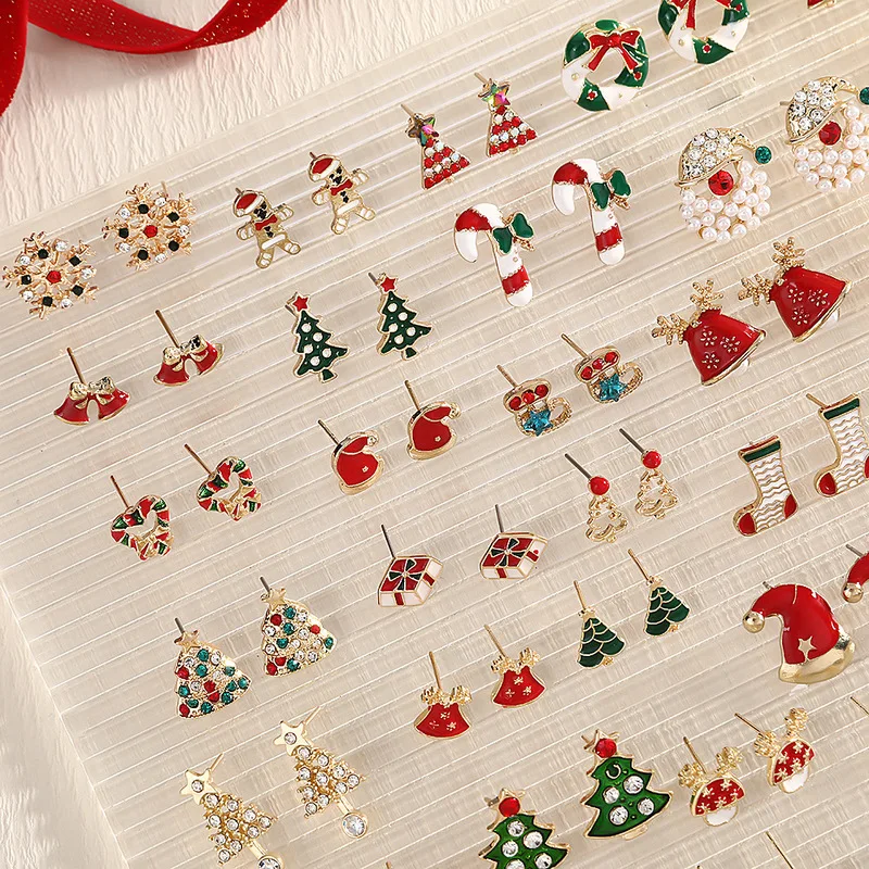 Stainless Steel Gold Plated Christmas Tree Candy Cane Gift Bow Snowman Bell Snowflake Wreath Stud Earrings Set Cute Jewelry