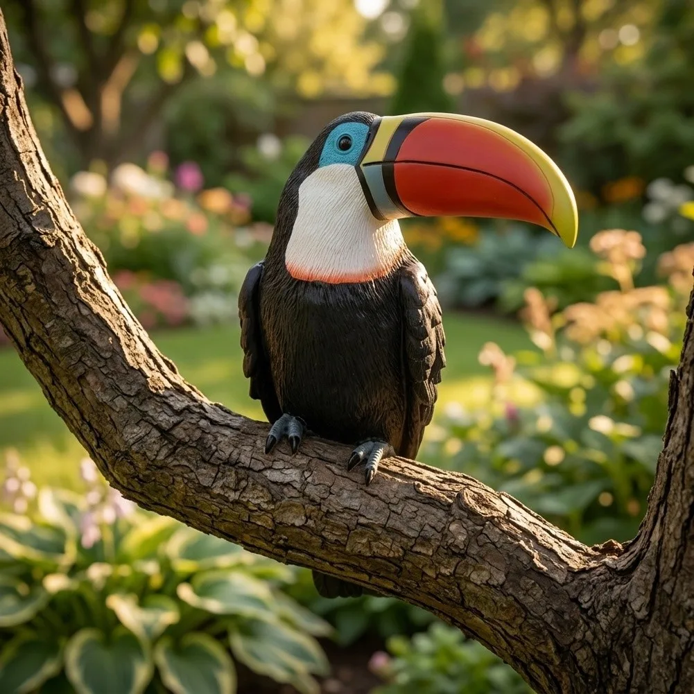 Outdoor hanging toucan bird garden decor in resin for tree installation and enhancing lawn patio or porch environments