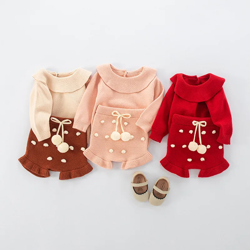 

Autumn Infant Girls 2PCS Clothes Set Lapel Solid Elastic Hem Knitted Sweater Elastic Waist Bow Shorts Suit Newborn Girls Outfits